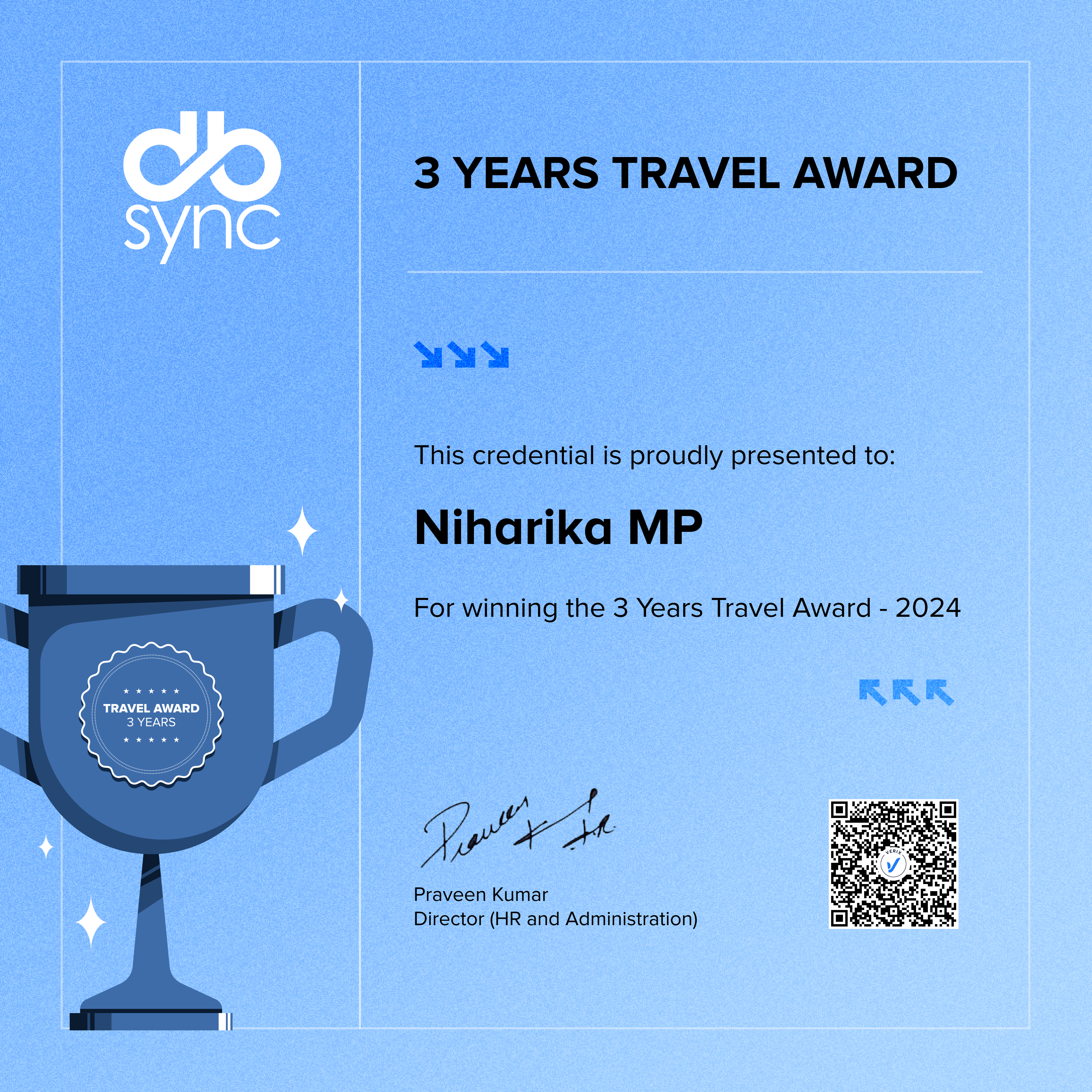 3 Years Travel Award: Niharika MP credential issued by DBSync to ...
