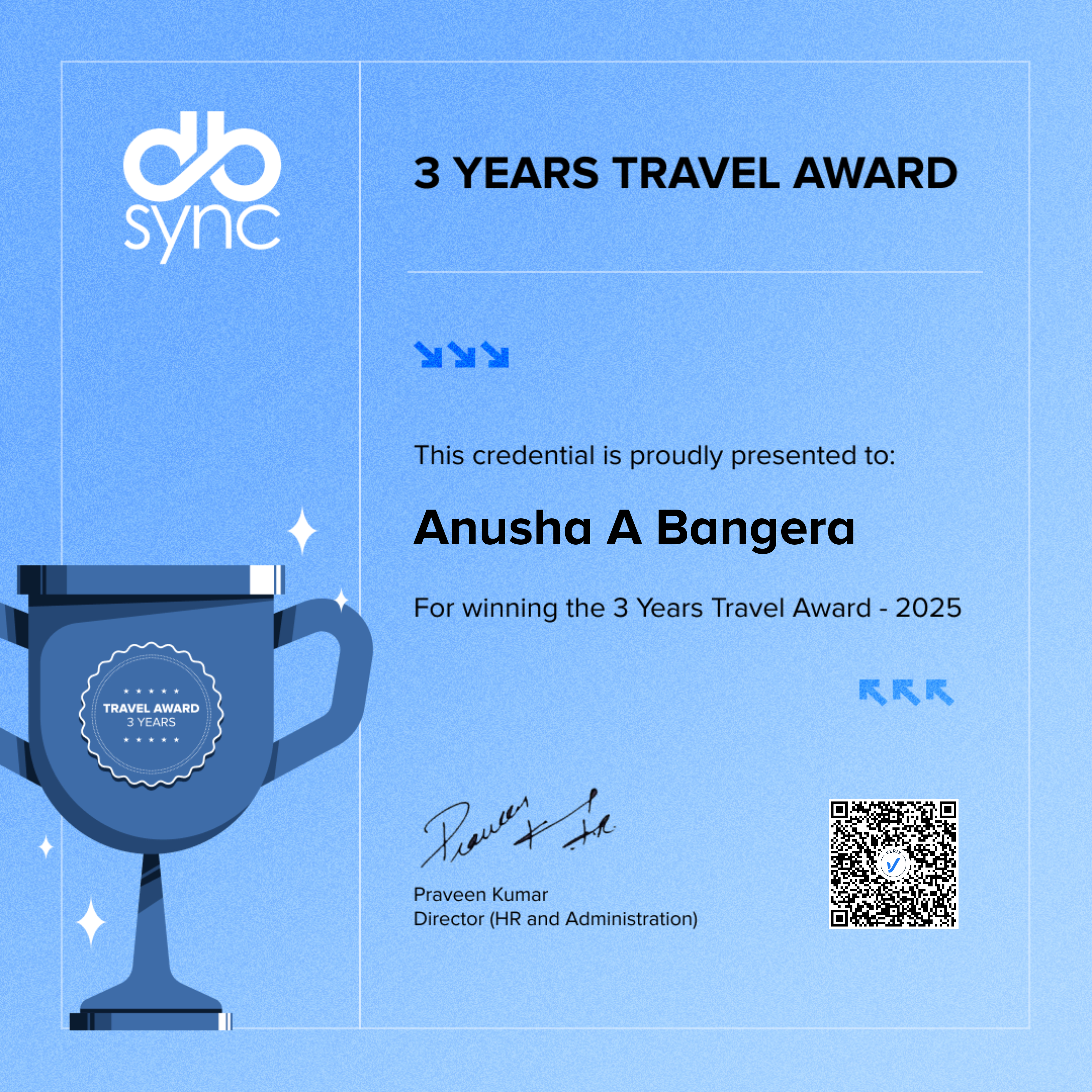 3 Years Travel Award: Anusha A Bangera