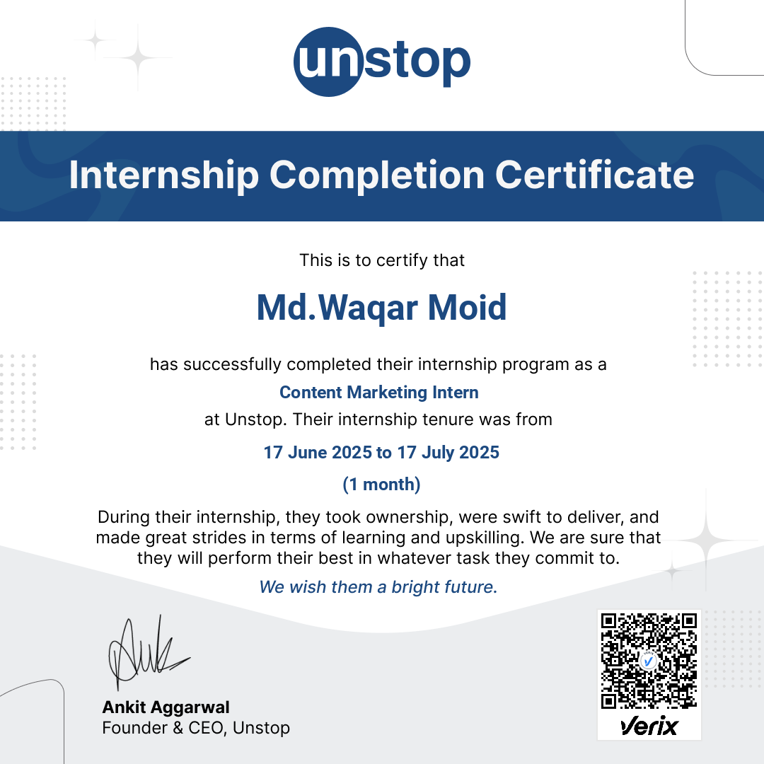 Unstop Certificate of Internship: Md.Waqar Moid