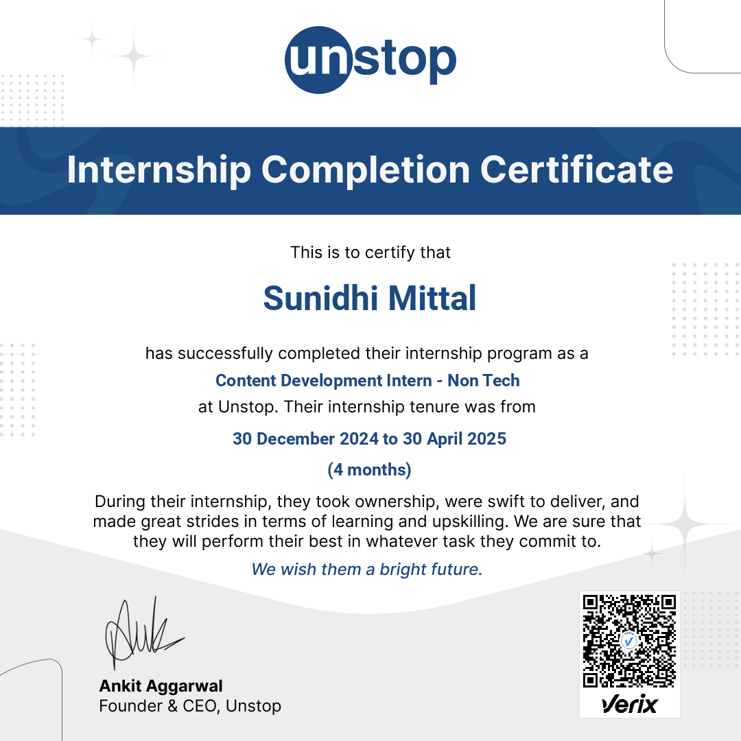 Unstop Certificate of Internship: Sunidhi Mittal