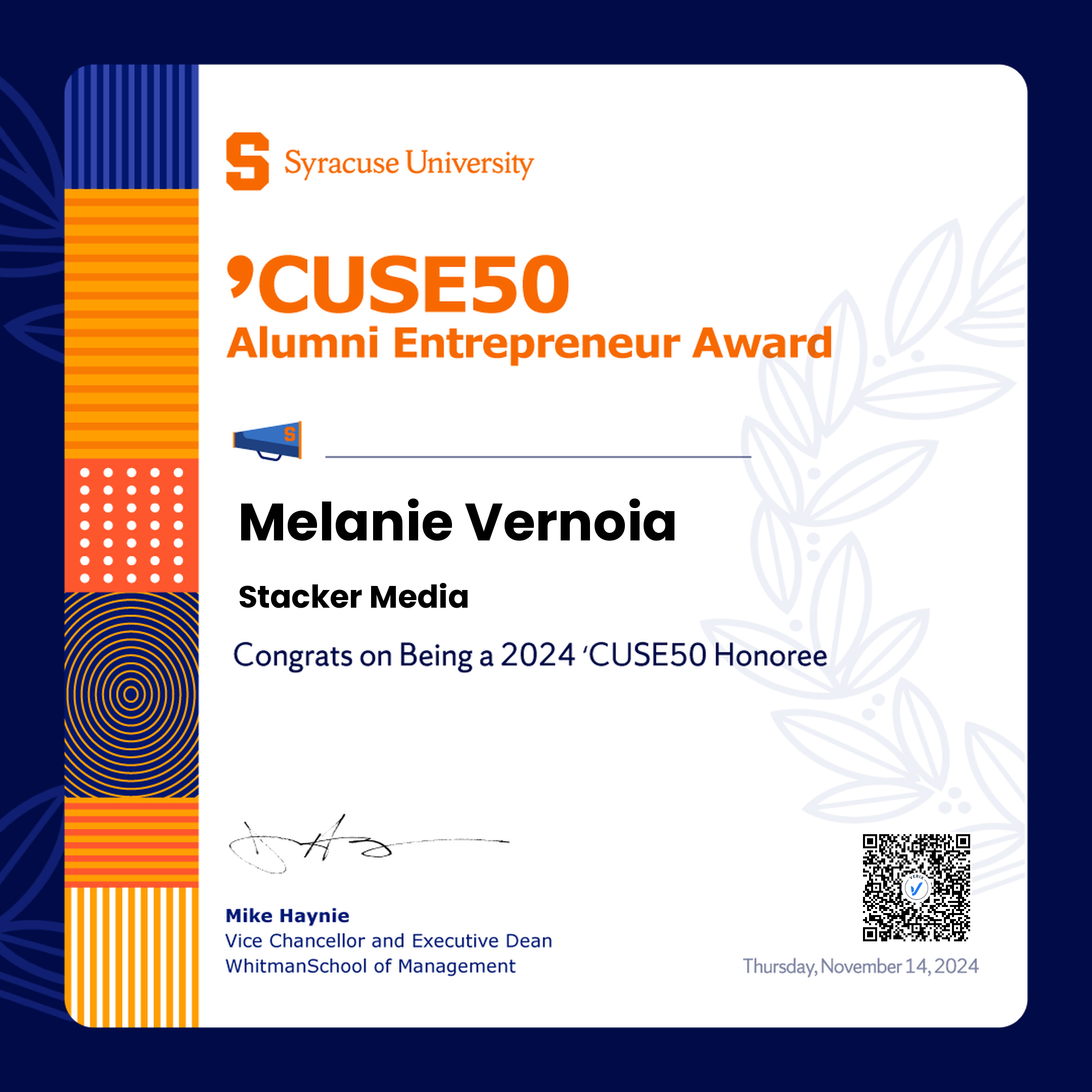 ’CUSE50 Alumni Entrepreneur Award: Melanie Vernoia