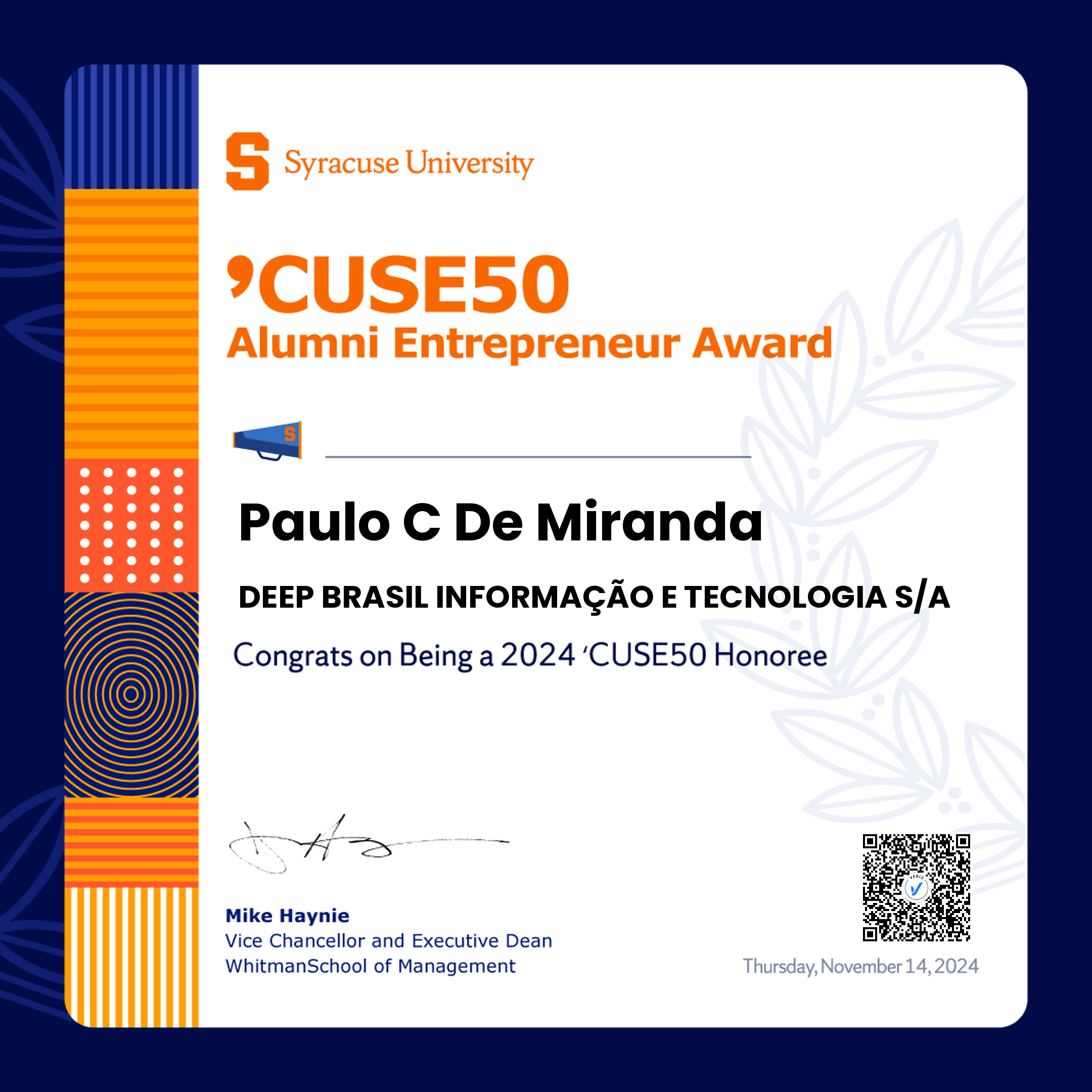 ’CUSE50 Alumni Entrepreneur Award: Paulo C De Miranda