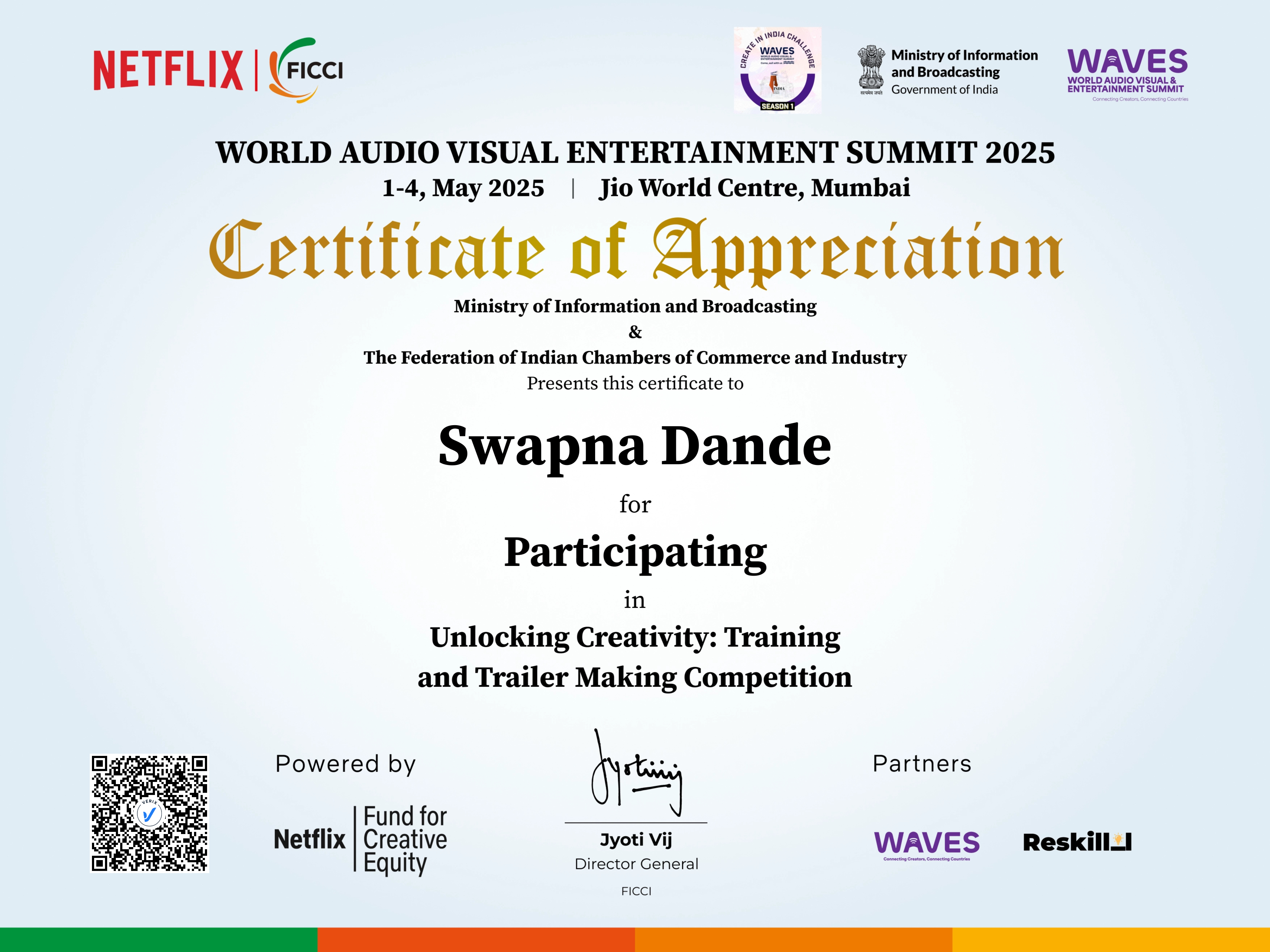 Unlocking Creativity: Training and Trailer Making Competition Participation Certificate
