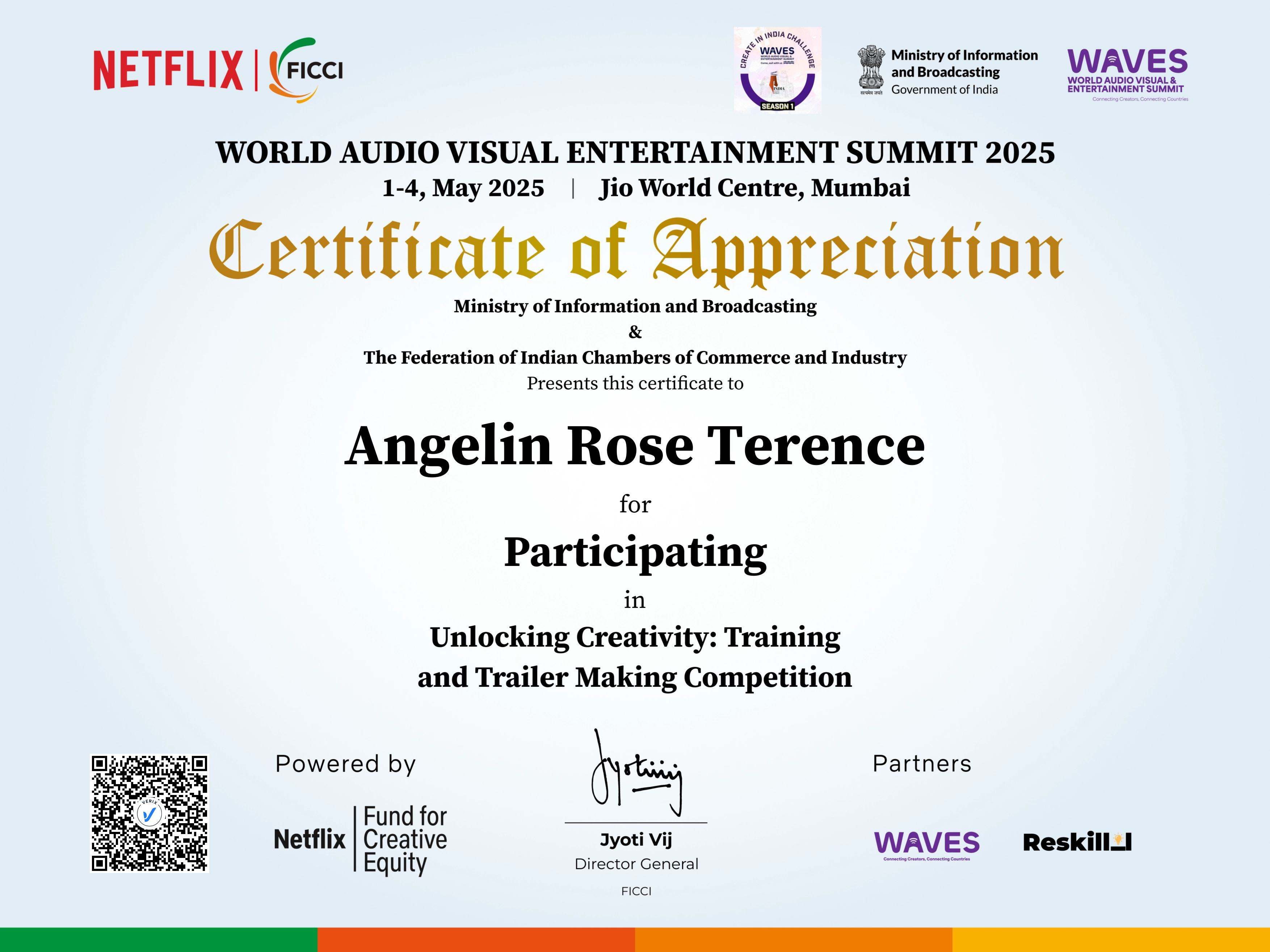 Unlocking Creativity: Training and Trailer Making Competition Participation Certificate