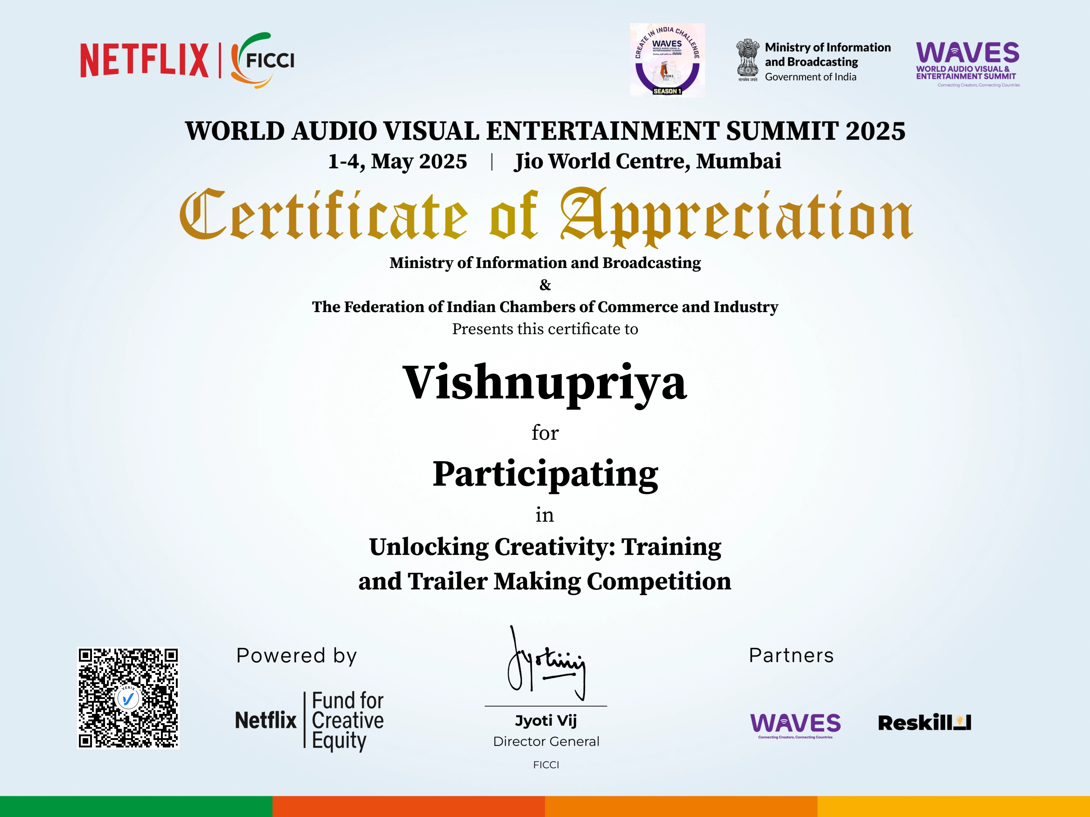 Unlocking Creativity: Training and Trailer Making Competition Participation Certificate