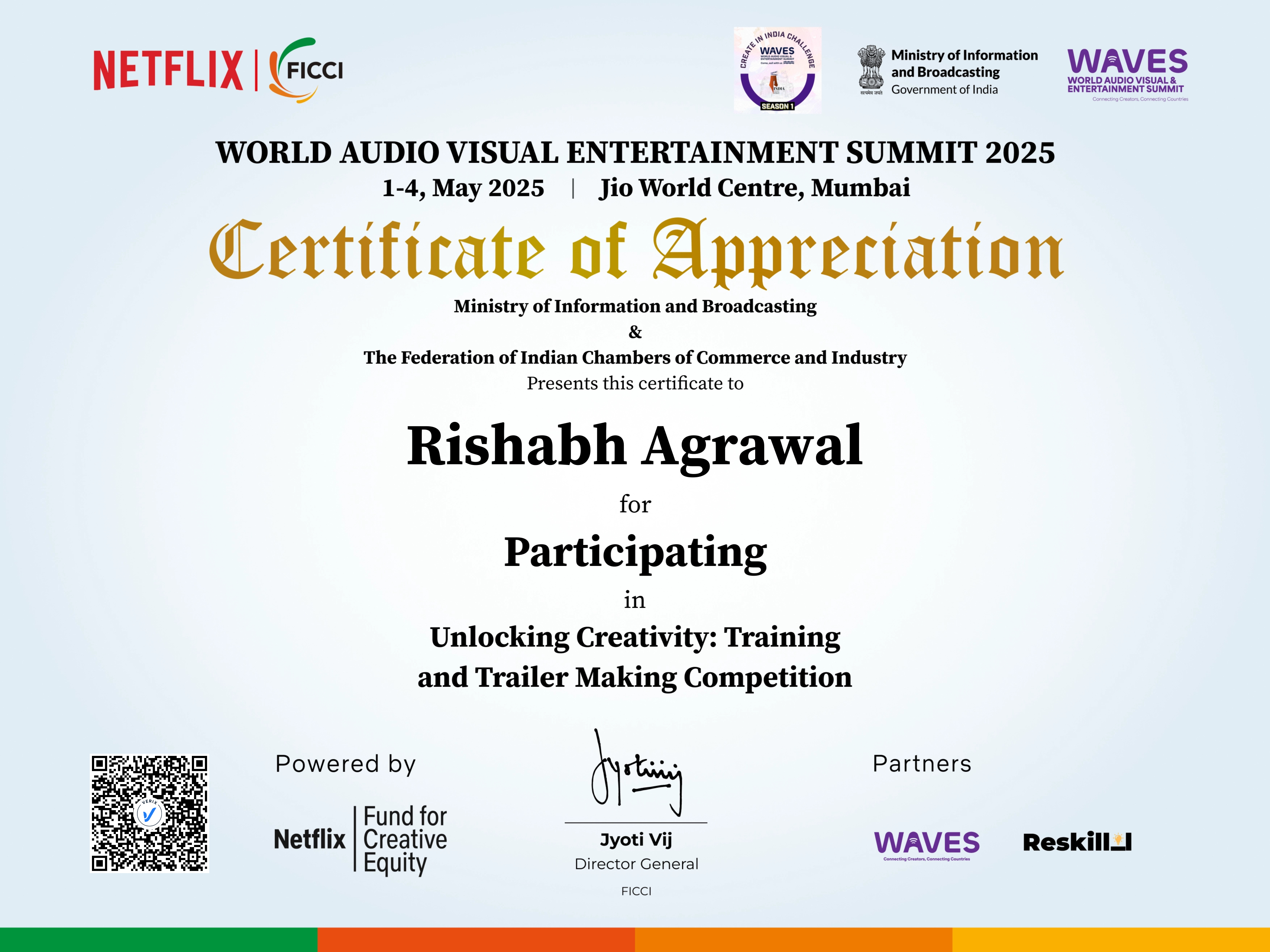 Unlocking Creativity: Training and Trailer Making Competition Participation Certificate