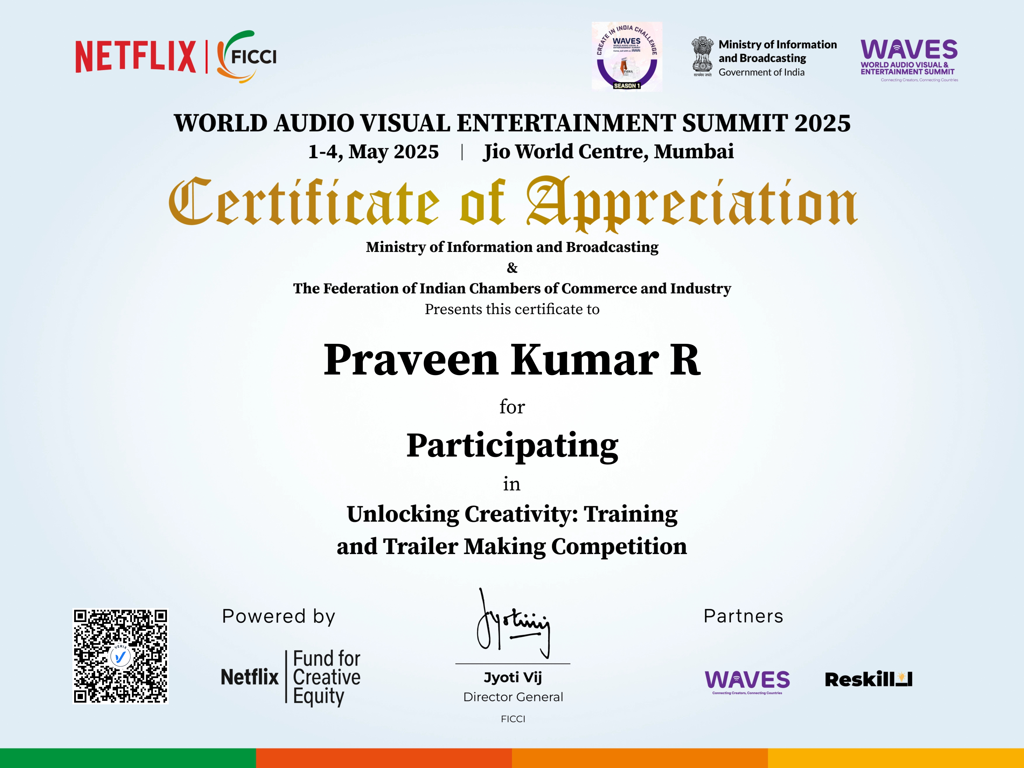 Unlocking Creativity: Training and Trailer Making Competition Participation Certificate