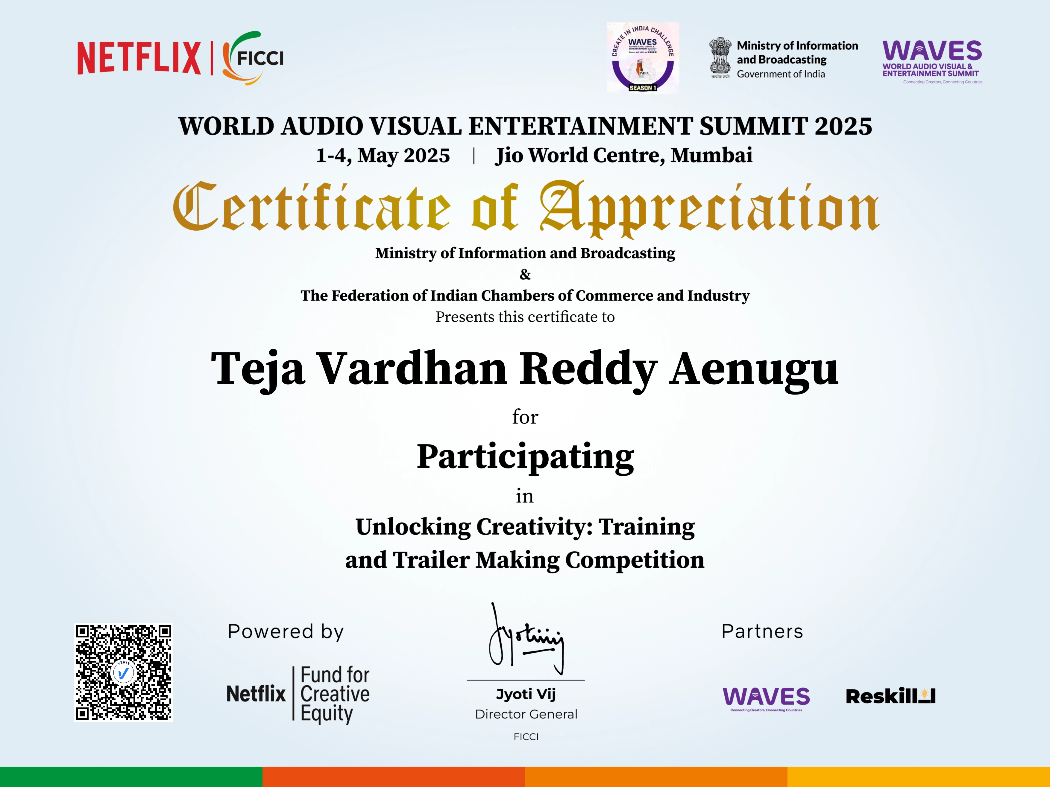 Unlocking Creativity: Training and Trailer Making Competition Participation Certificate