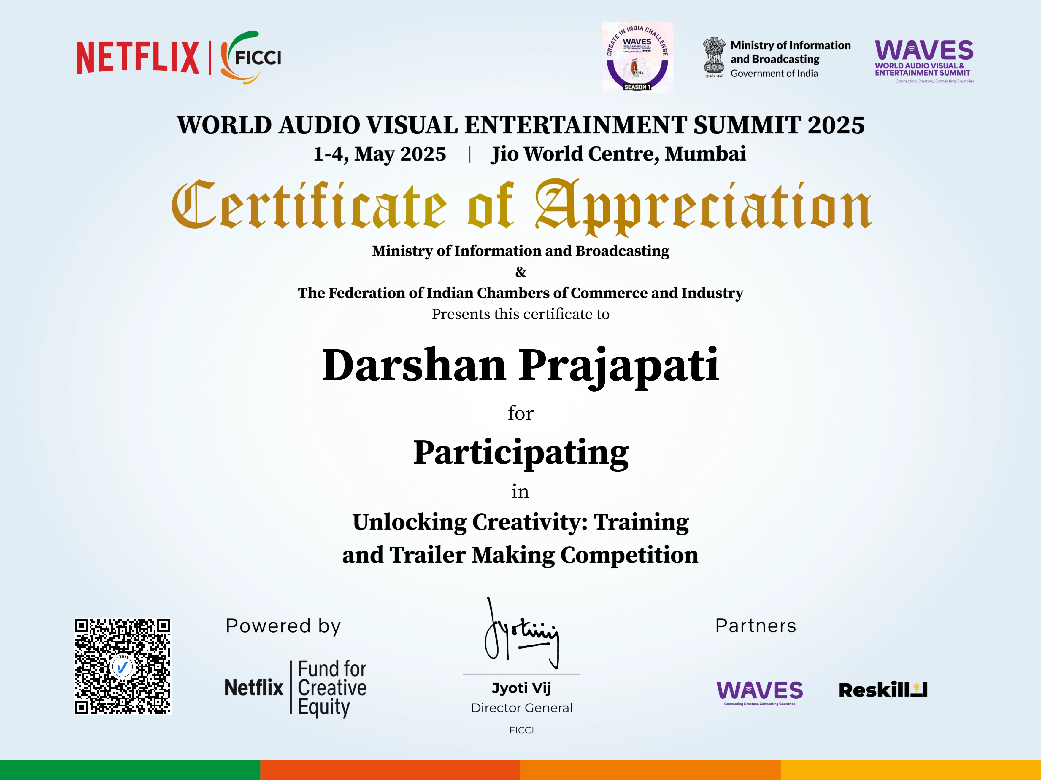 Unlocking Creativity: Training and Trailer Making Competition Participation Certificate