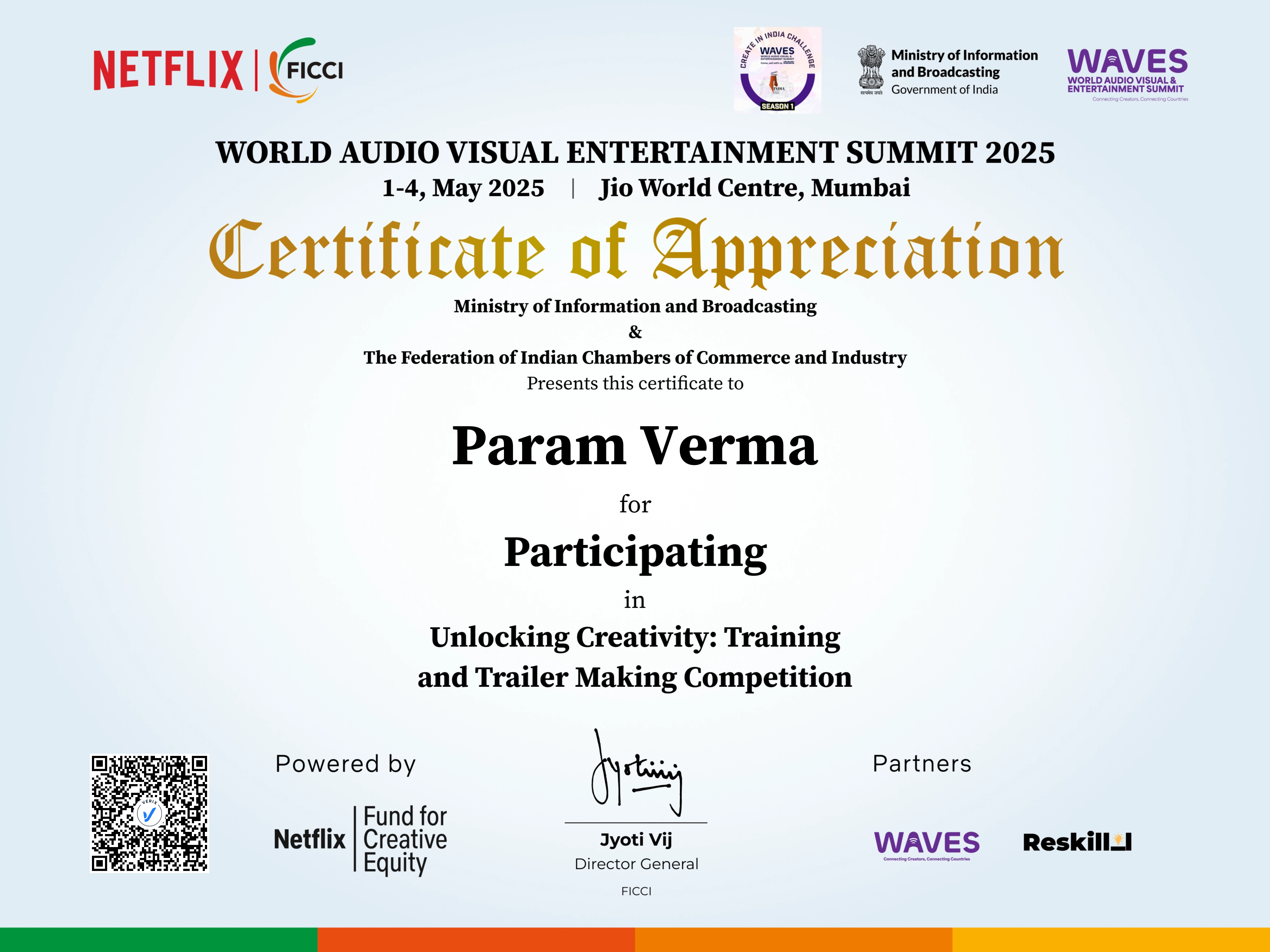 Unlocking Creativity: Training and Trailer Making Competition Participation Certificate