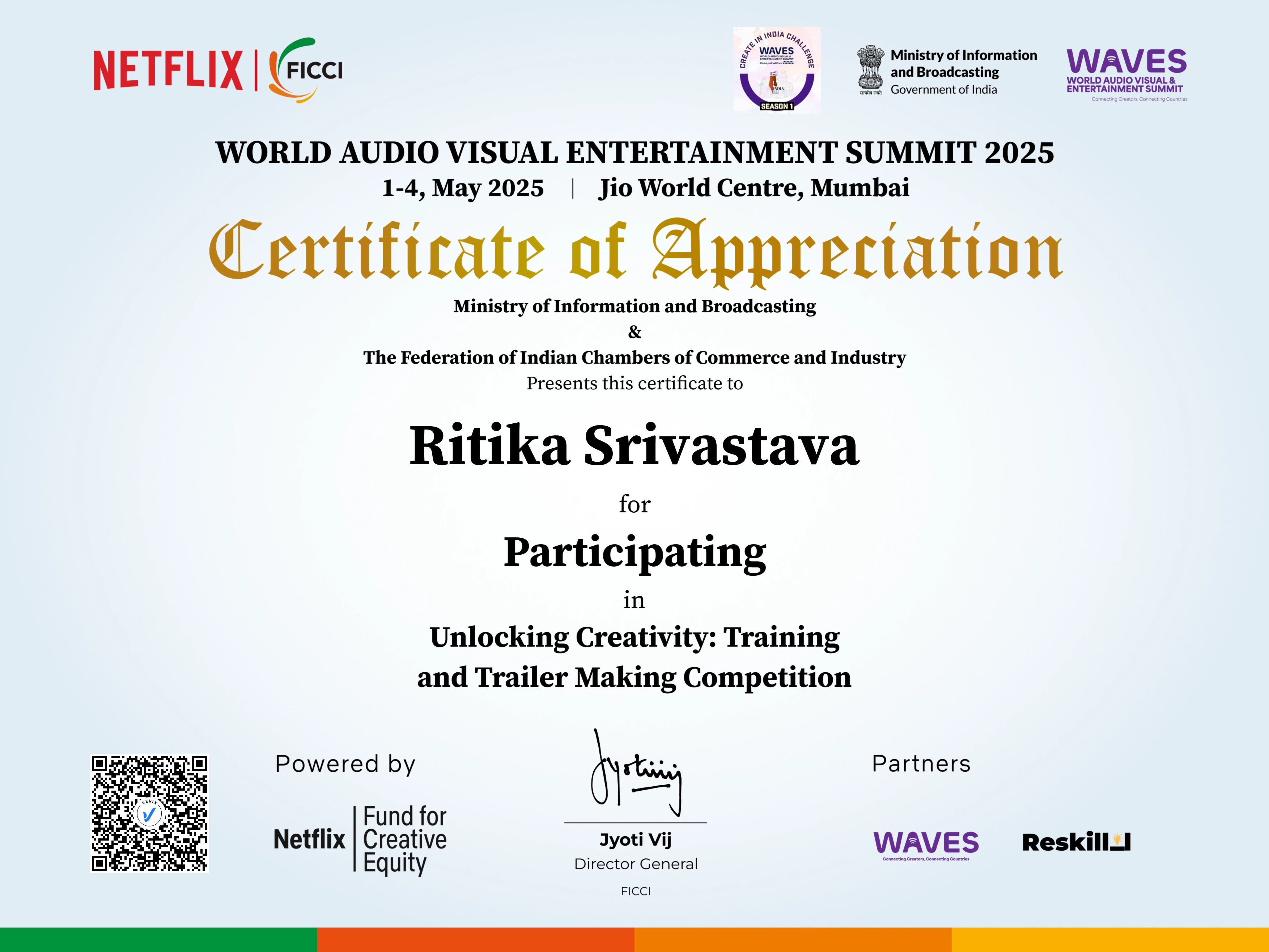 Unlocking Creativity: Training and Trailer Making Competition Participation Certificate