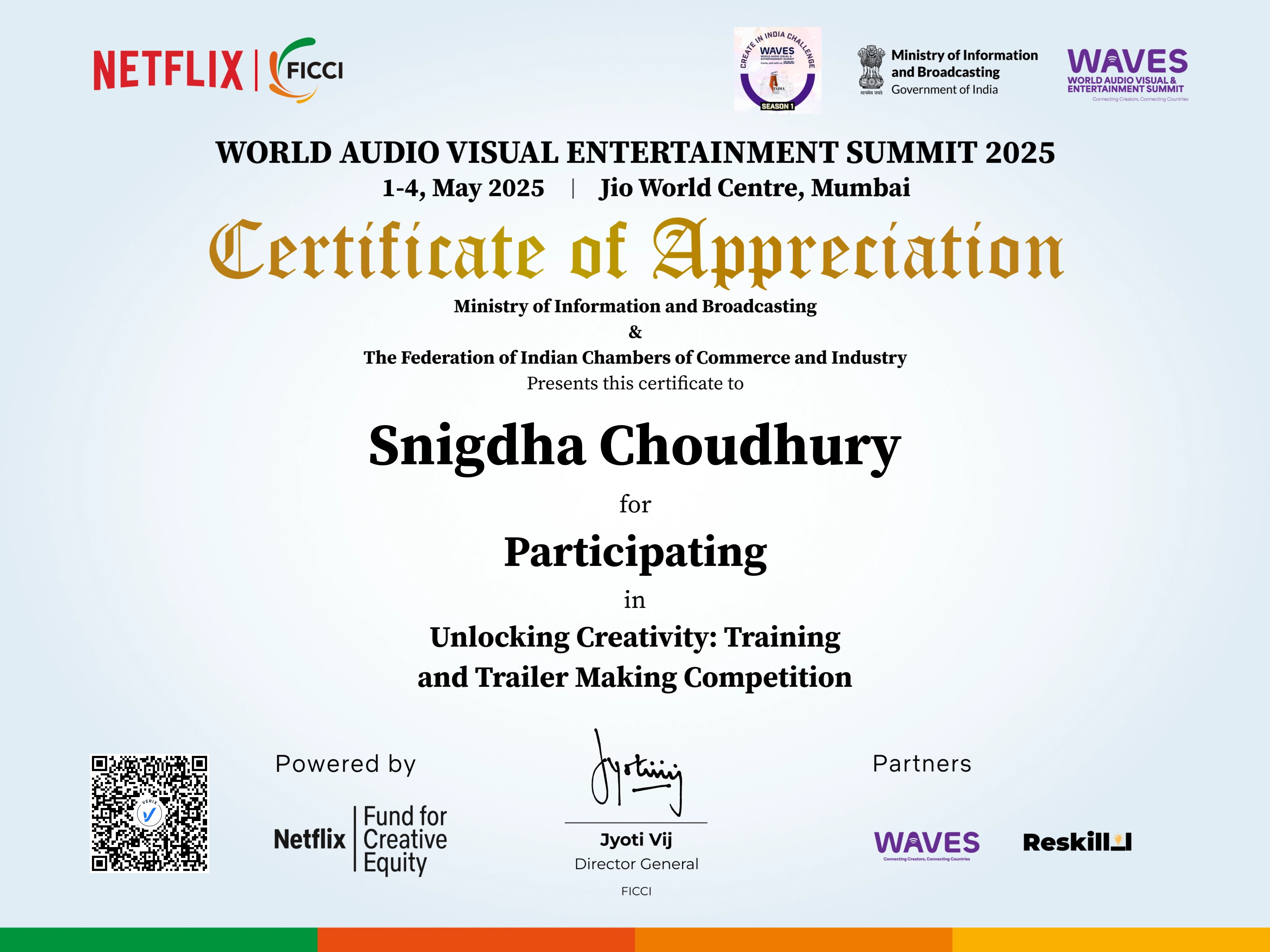Unlocking Creativity: Training and Trailer Making Competition Participation Certificate
