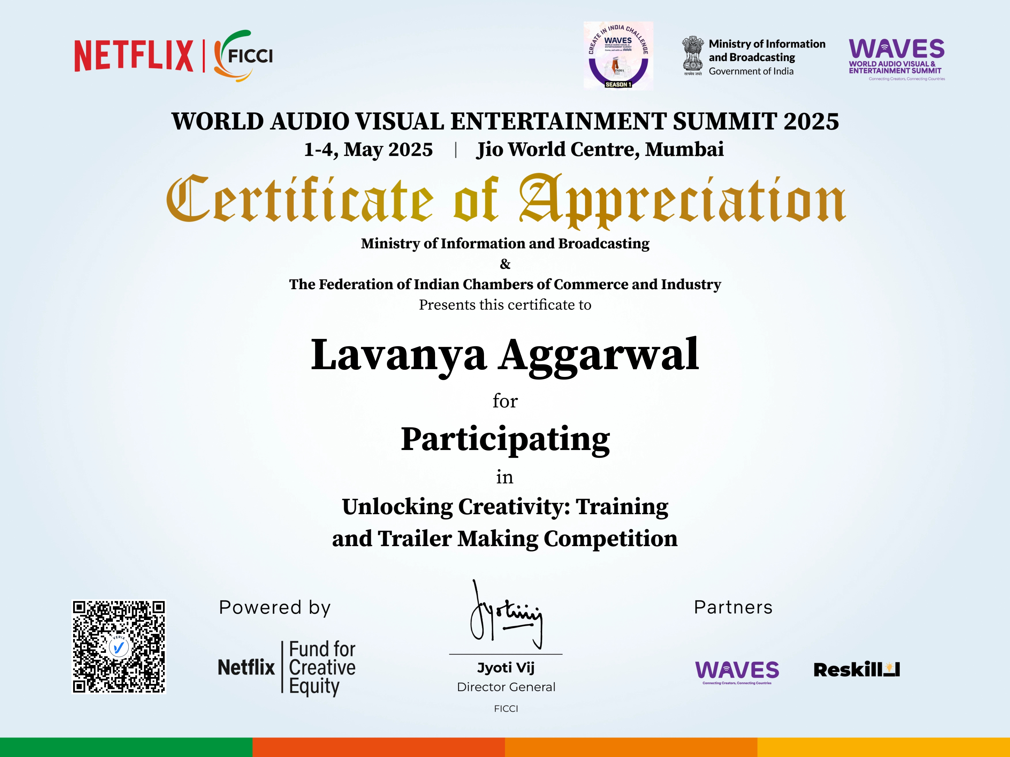 Unlocking Creativity: Training and Trailer Making Competition Participation Certificate