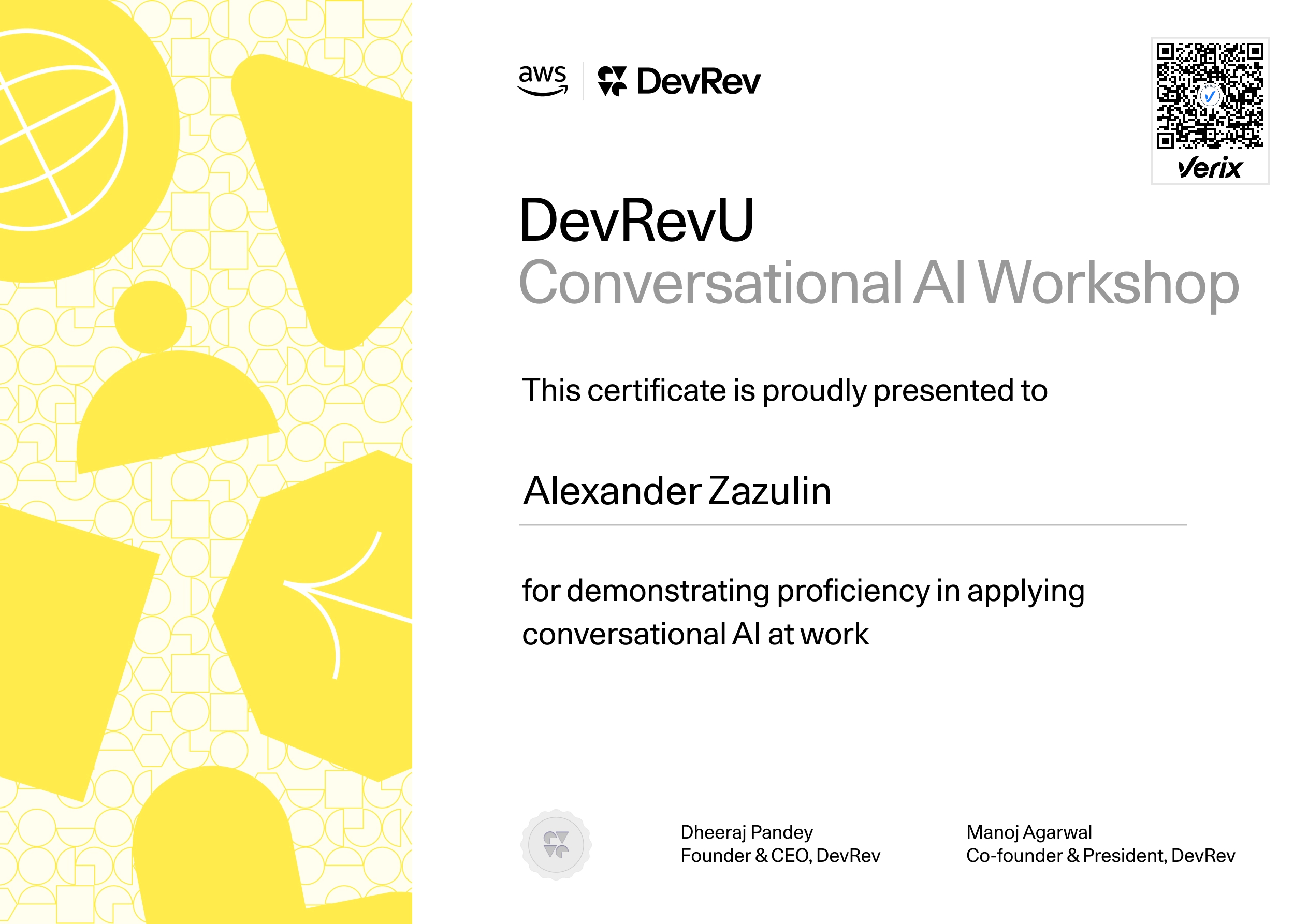 DevRevU Conversational AI Workshop Certificate: Amsterdam 25th June