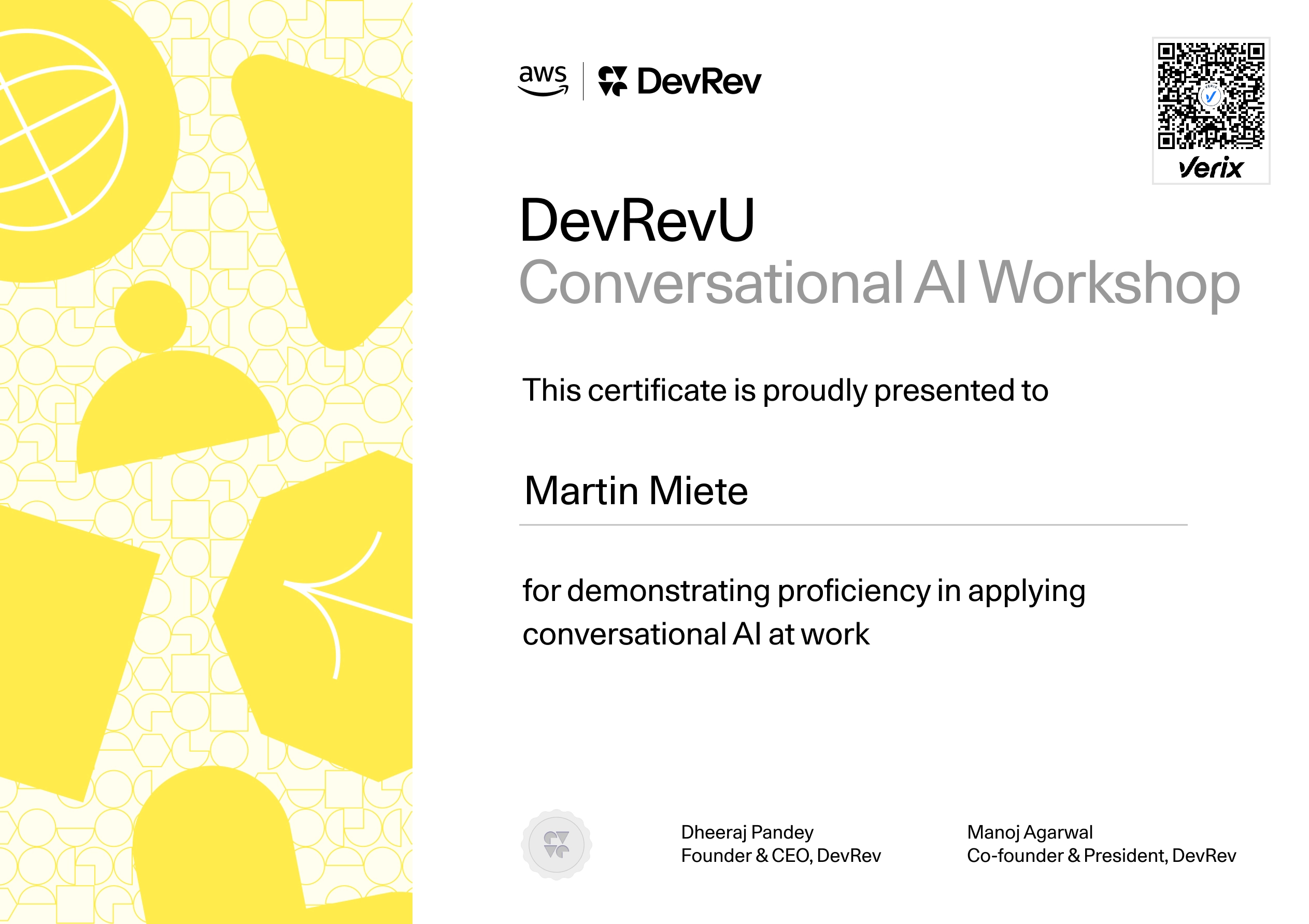 DevRevU Conversational AI Workshop Certificate: Amsterdam 25th June
