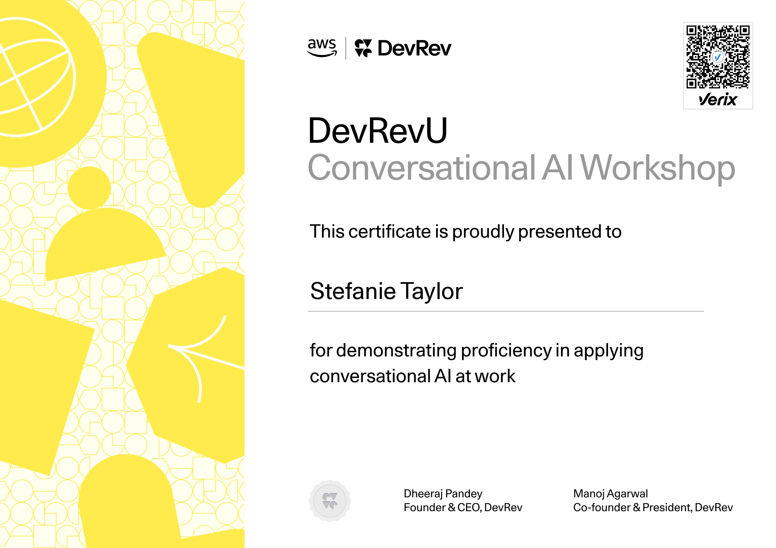 DevRevU Conversational AI Workshop Certificate: Amsterdam 25th June