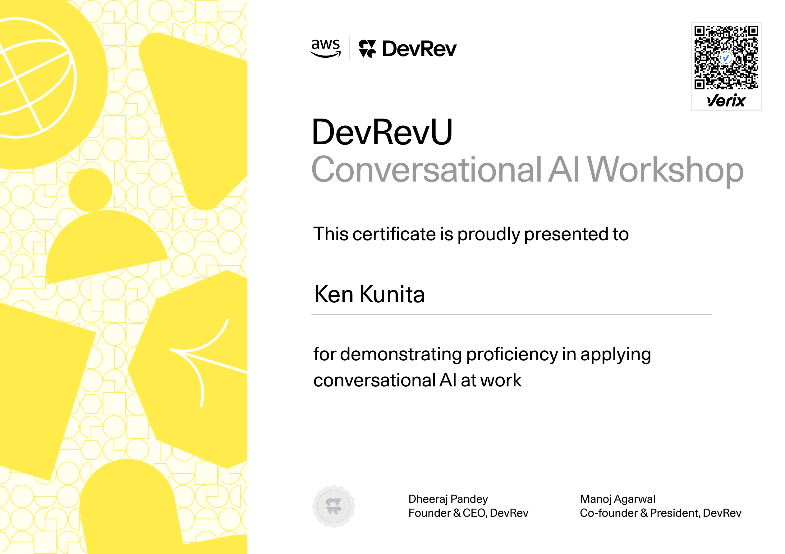 DevRevU Conversational AI Workshop Certificate: Amsterdam 25th June