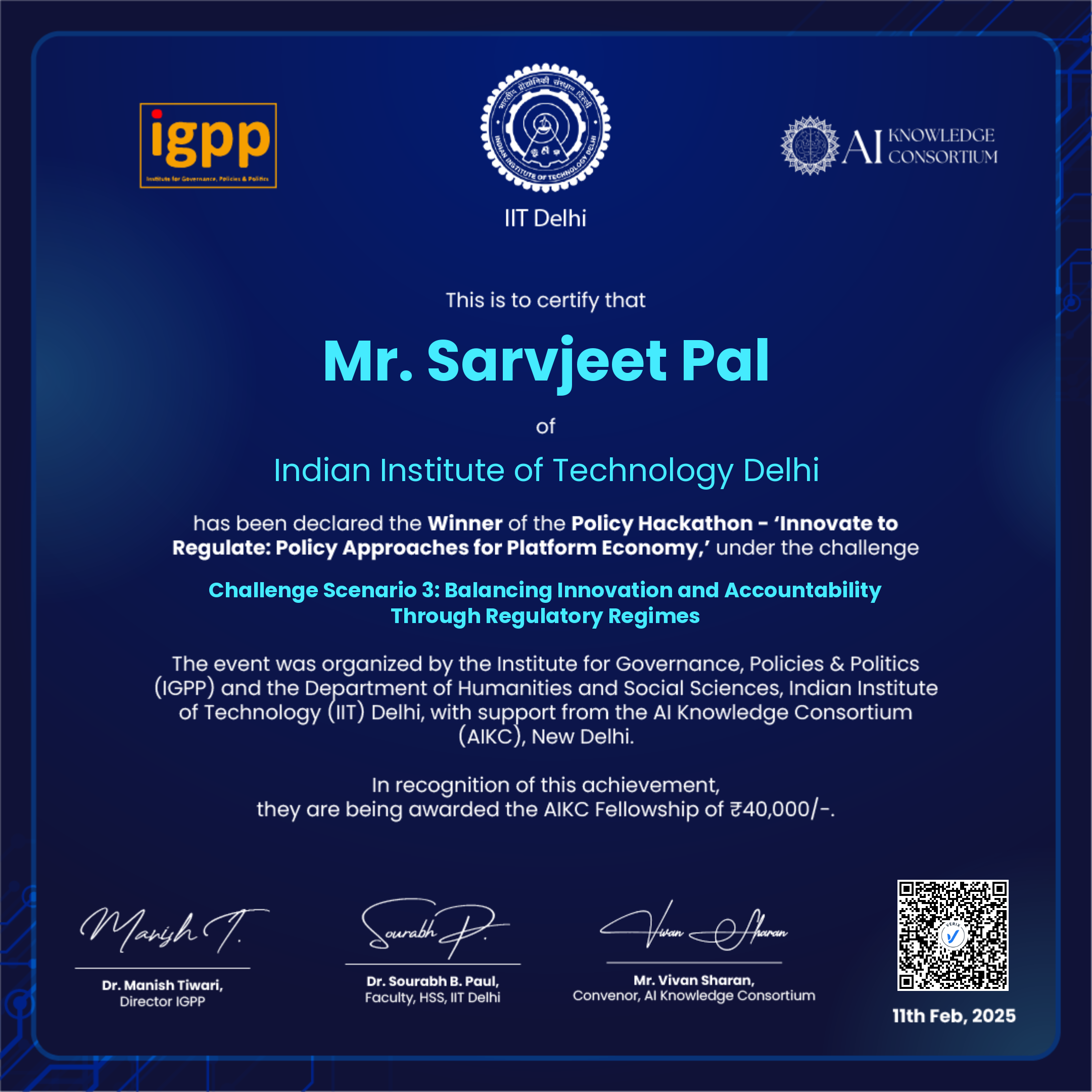 IGPP Policy Hackathon Winner Certificate