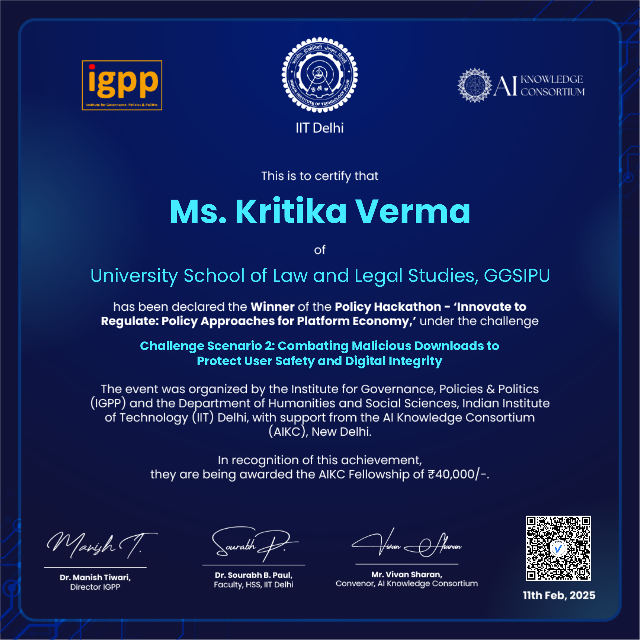 IGPP Policy Hackathon Winner Certificate