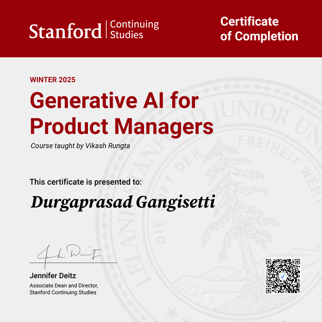 Certificate of Completion — Generative AI for Product Managers: Durgaprasad Gangisetti