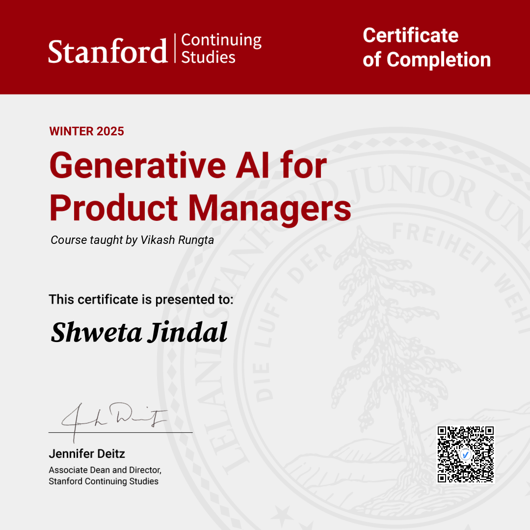 Certificate of Completion — Generative AI for Product Managers: Shweta Jindal