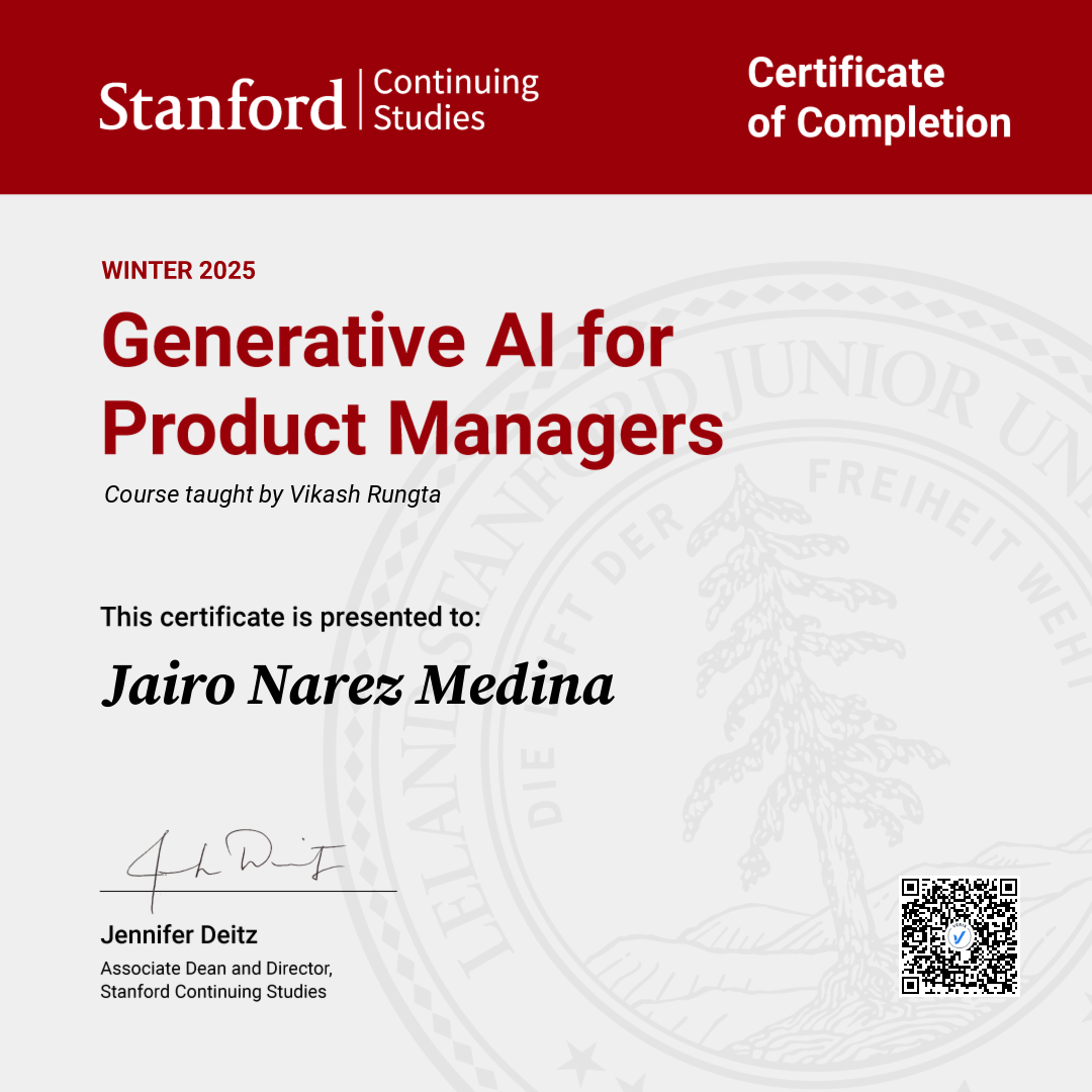Certificate of Completion — Generative AI for Product Managers: Jairo Narez Medina