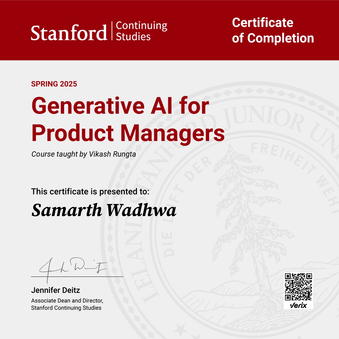 Certificate of Completion — Generative AI for Product Managers: Samarth Wadhwa