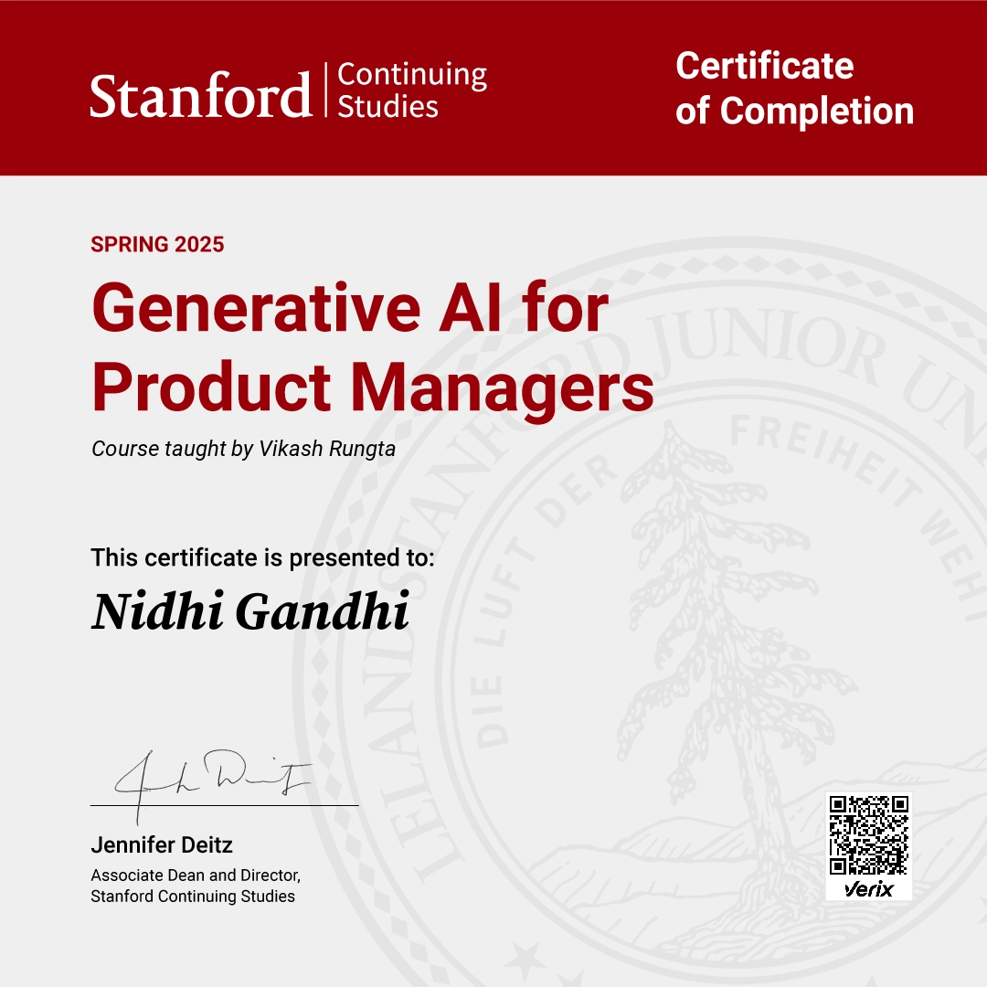 Certificate of Completion — Generative AI for Product Managers: Nidhi Gandhi
