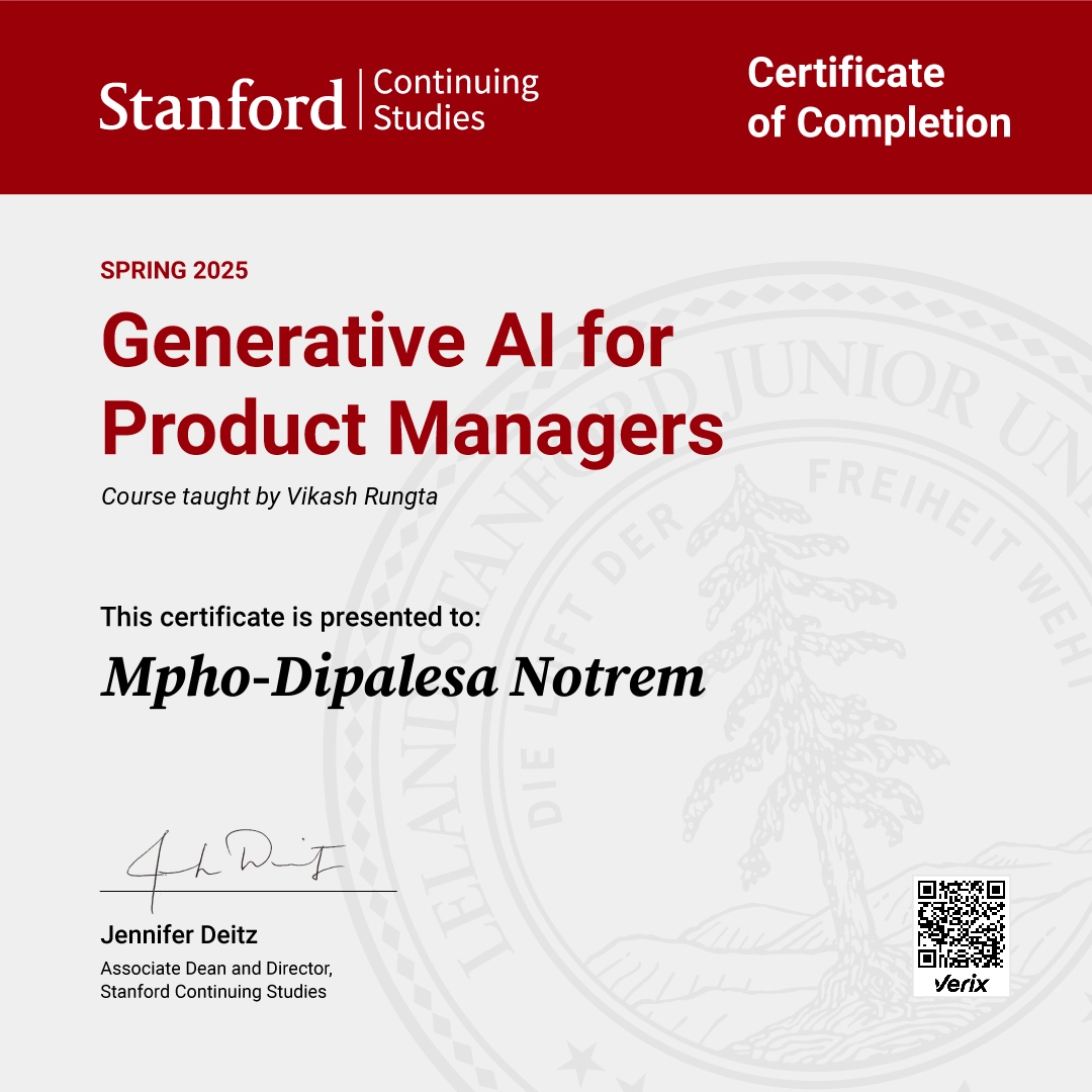 Certificate of Completion — Generative AI for Product Managers: Mpho-Dipalesa Notrem