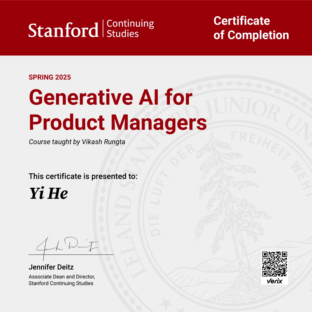Certificate of Completion — Generative AI for Product Managers: Yi He