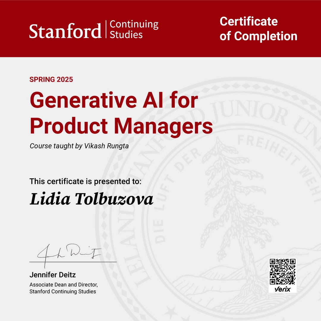 Certificate of Completion — Generative AI for Product Managers: Lidia Tolbuzova