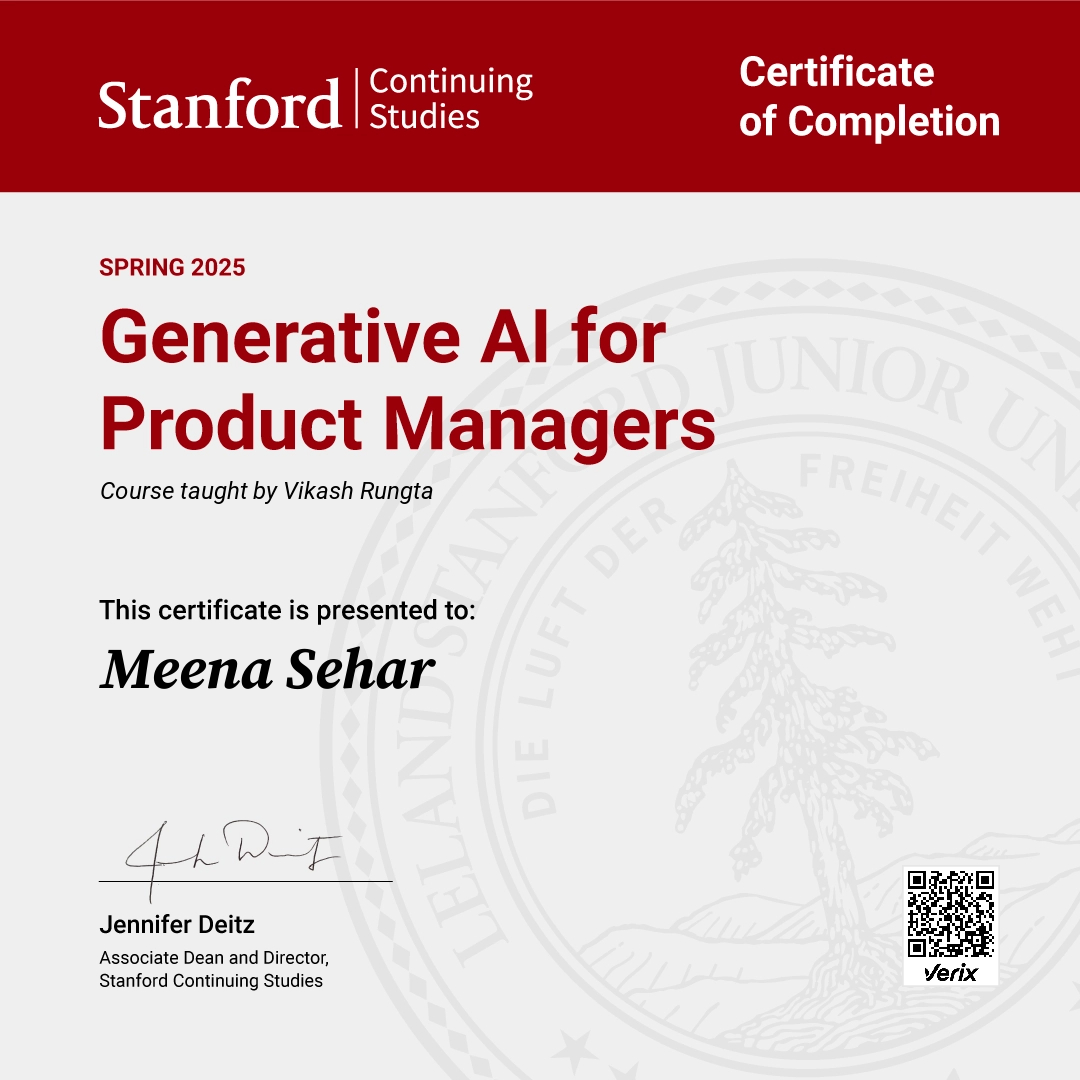 Certificate of Completion — Generative AI for Product Managers: Meena Sehar