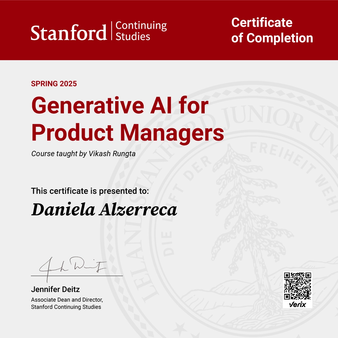 Certificate of Completion — Generative AI for Product Managers: Daniela Alzerreca