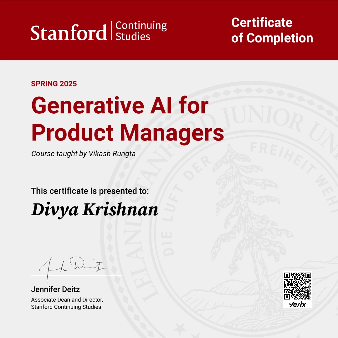 Certificate of Completion — Generative AI for Product Managers: Divya Krishnan
