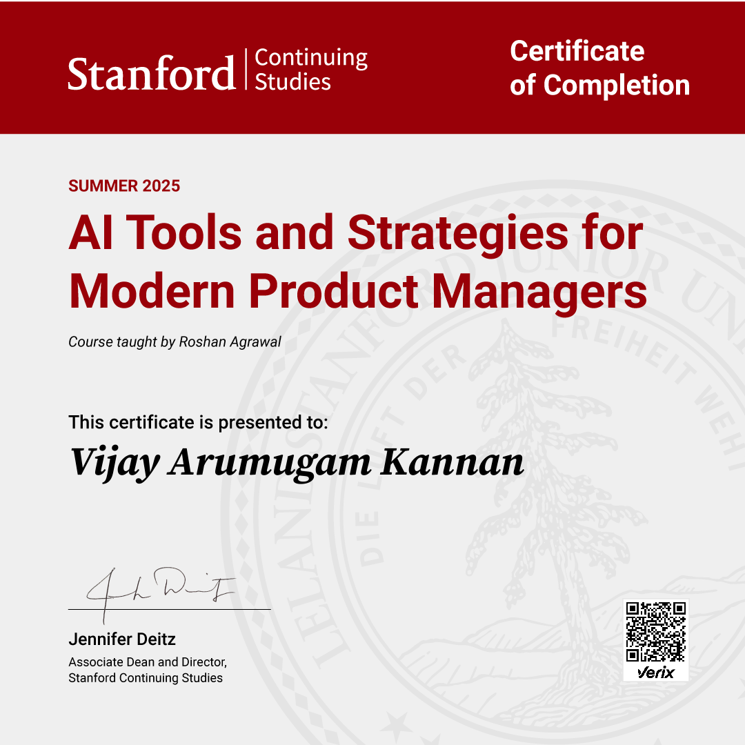 Vijay Arumugam Kannan: Certificate of Completion — AI Tools and Strategies for Modern Product Managers