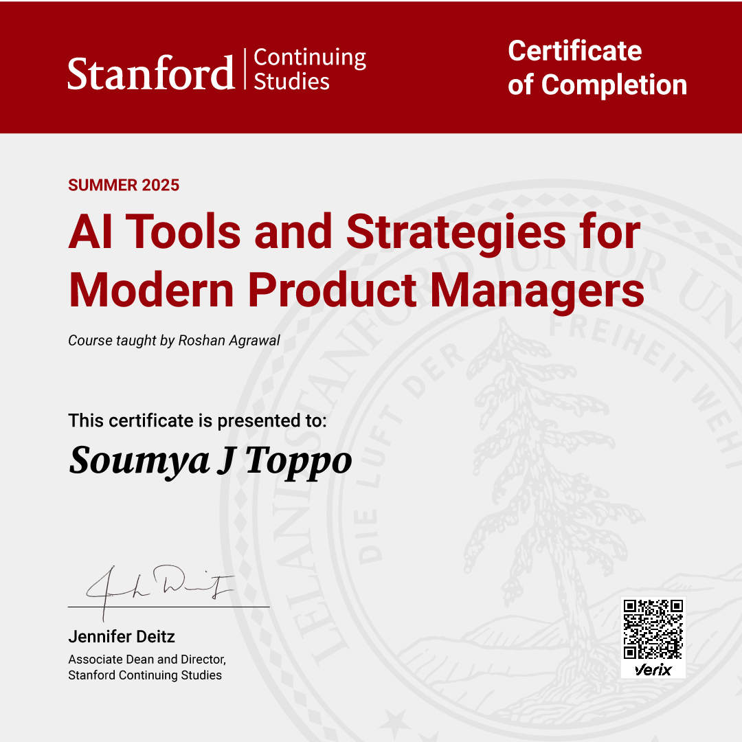 Soumya J Toppo: Certificate of Completion — AI Tools and Strategies for Modern Product Managers