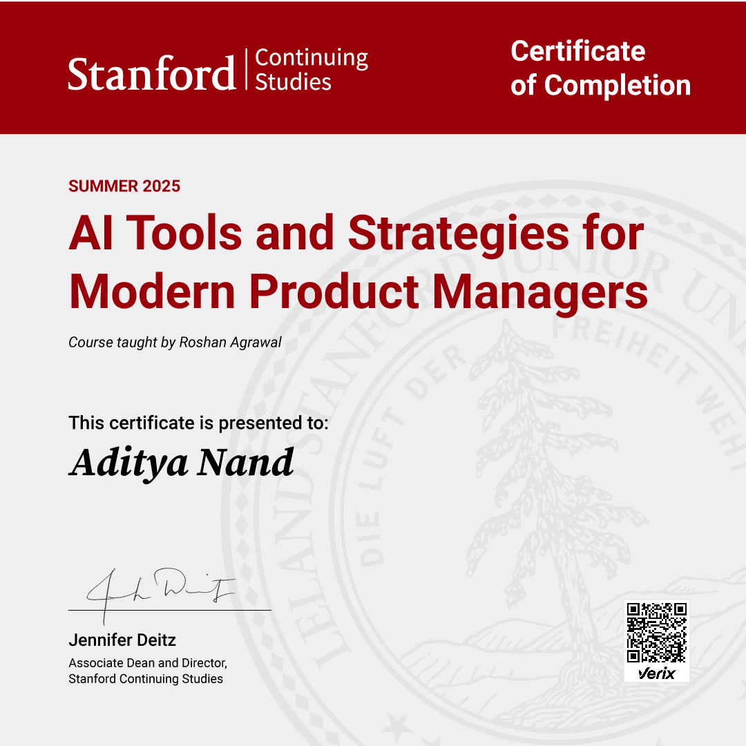 Aditya Nand: Certificate of Completion — AI Tools and Strategies for Modern Product Managers