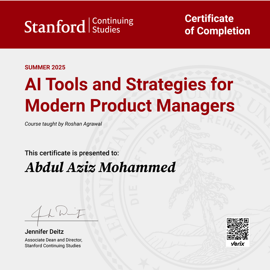 Abdul Aziz Mohammed: Certificate of Completion — AI Tools and Strategies for Modern Product Managers