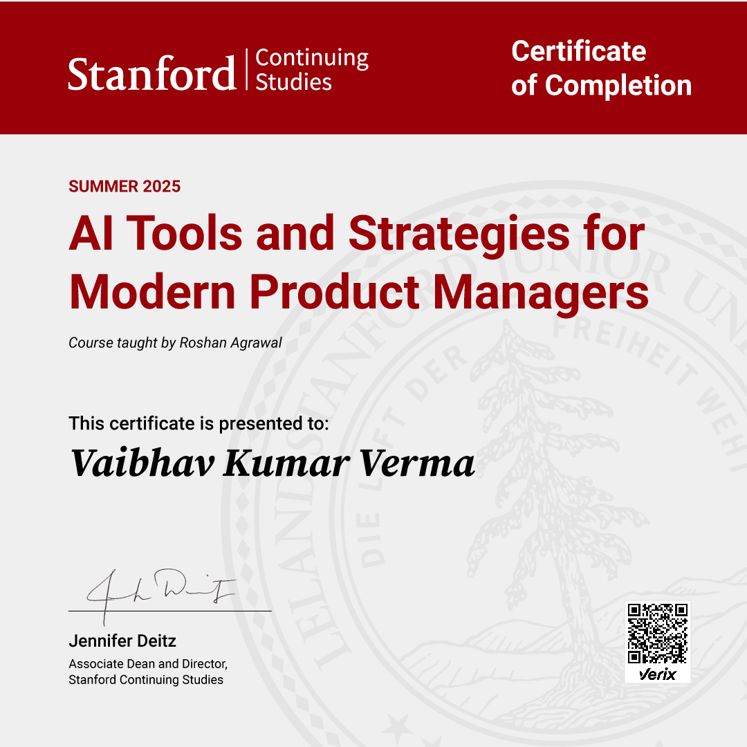 Vaibhav Kumar Verma: Certificate of Completion — AI Tools and Strategies for Modern Product Managers