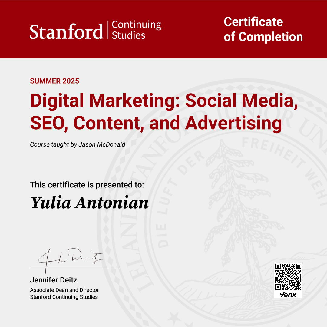 Yulia Antonian: Certificate of Completion — Digital Marketing: Social Media, SEO, Content, and Advertising