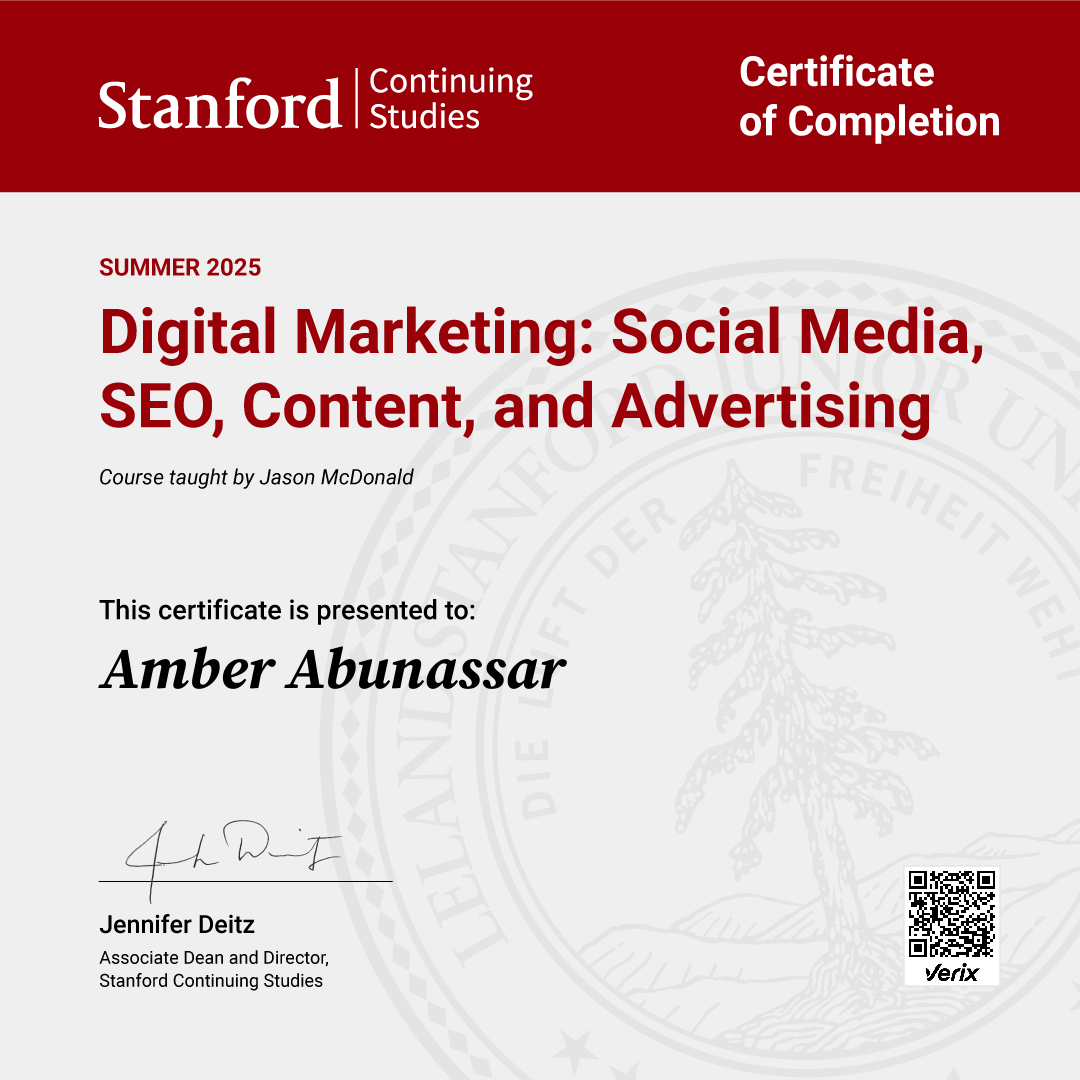 Amber Abunassar: Certificate of Completion — Digital Marketing: Social Media, SEO, Content, and Advertising