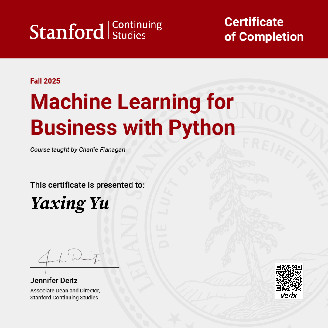 Certificate of Completion — Machine Learning for Business with Python