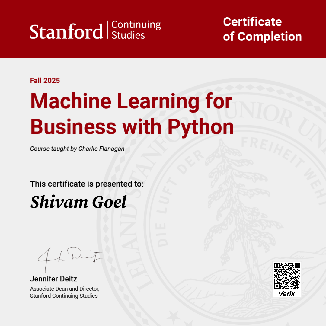 Certificate of Completion — Machine Learning for Business with Python