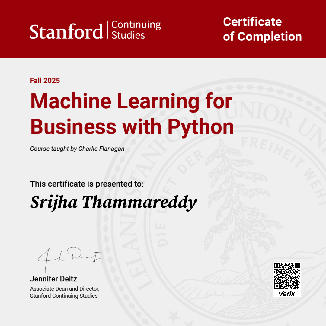 Certificate of Completion — Machine Learning for Business with Python