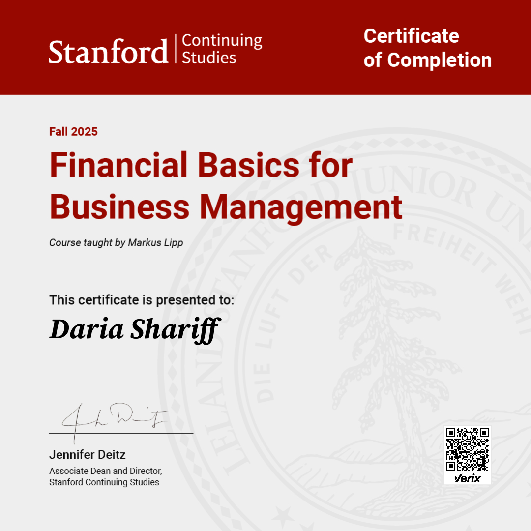 ̌Certificate of Completion — Financial Basics for Business Management