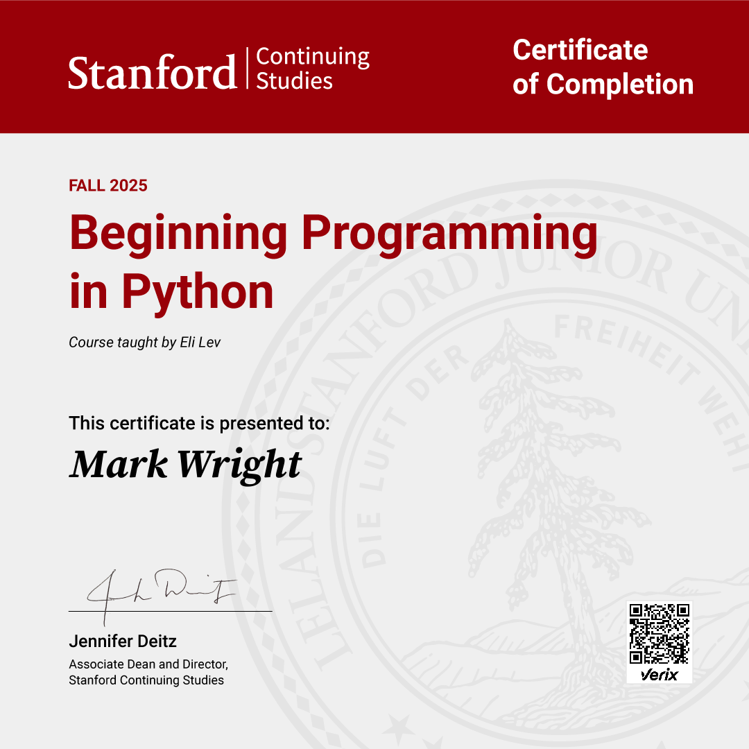 ̌Certificate of Completion — Beginning Programming in Python