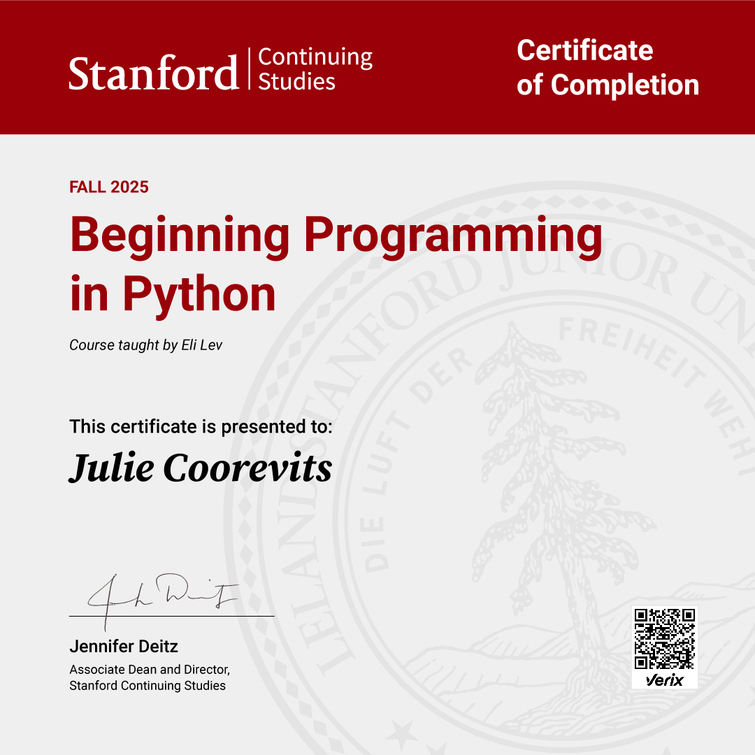 ̌Certificate of Completion — Beginning Programming in Python