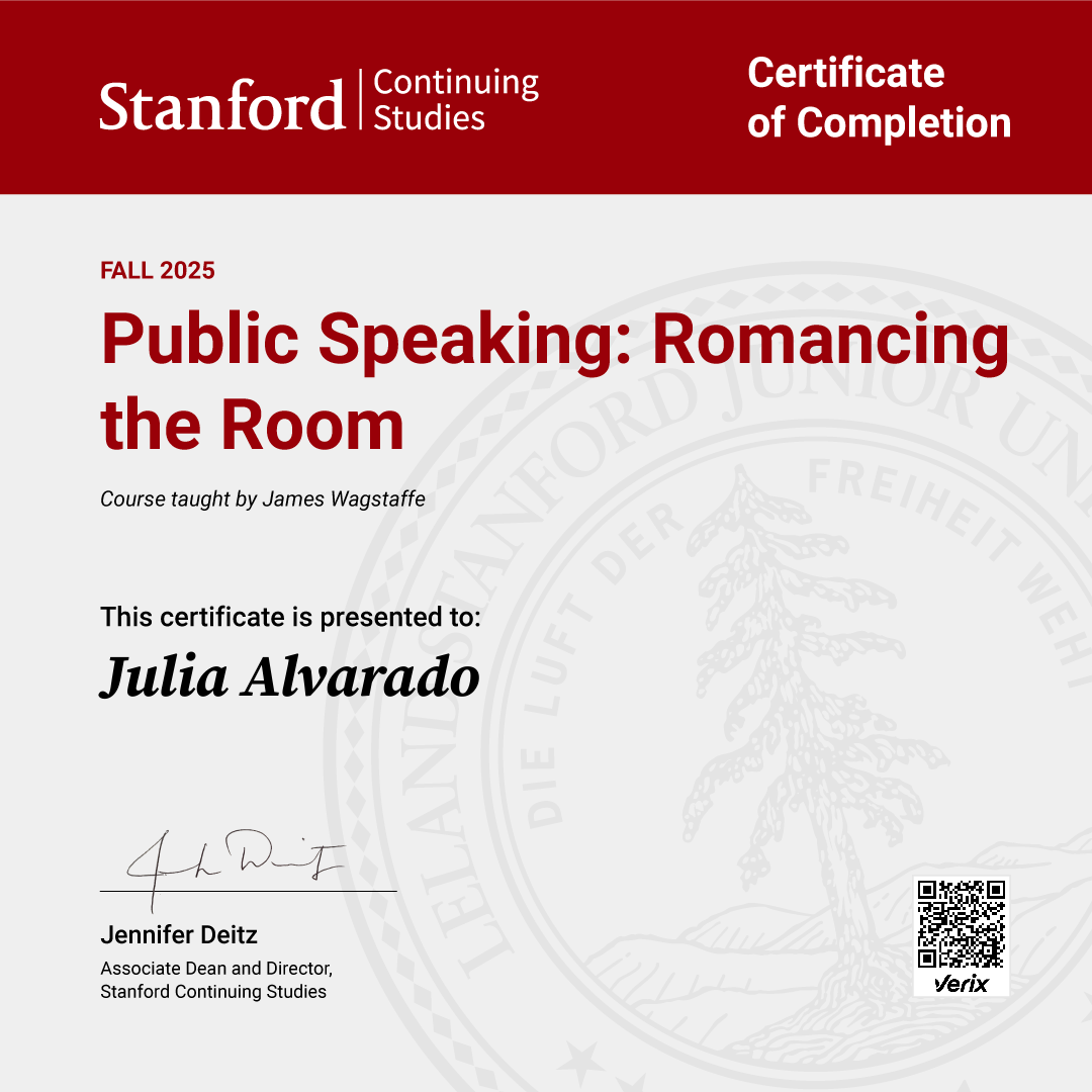 Certificate of Completion — Public Speaking: Romancing the Room