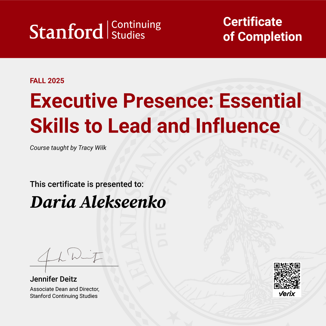 ̌Certificate of Completion — Executive Presence: Essential Skills to Lead and Influence