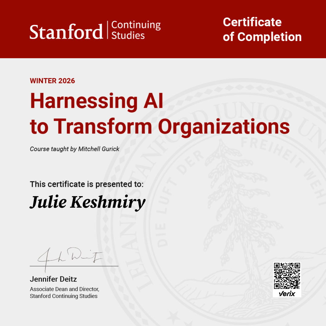 Certificate of Completion — Harnessing AI to Transform Organizations